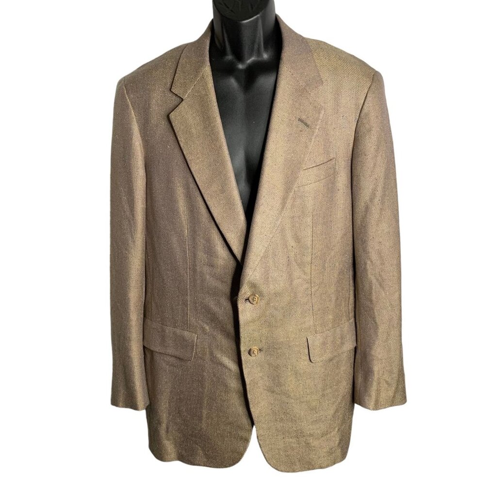 Vintage 60s Hickey Freeman Silk Sport Coat 43 Brown Blue Lined Blazer Pockets